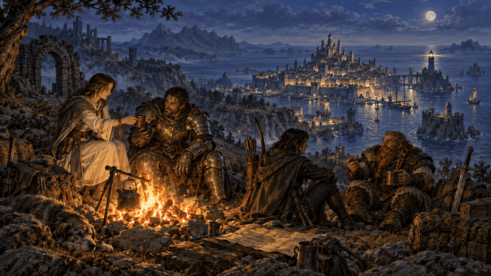 A party of adventurers shares a campfire overlooking a distant harbor