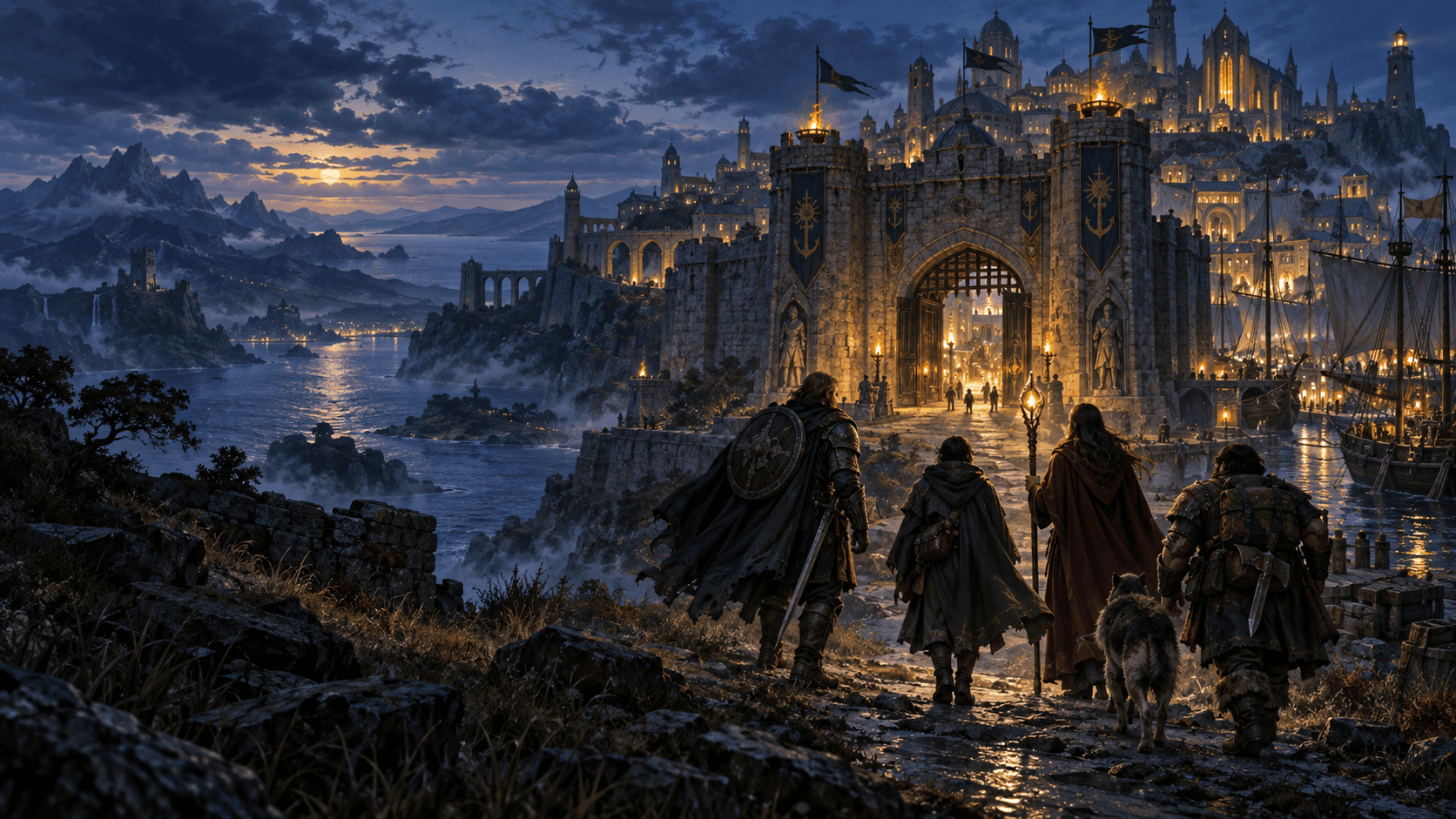 An adventuring party approaches Fairhaven’s warm city gates at dusk