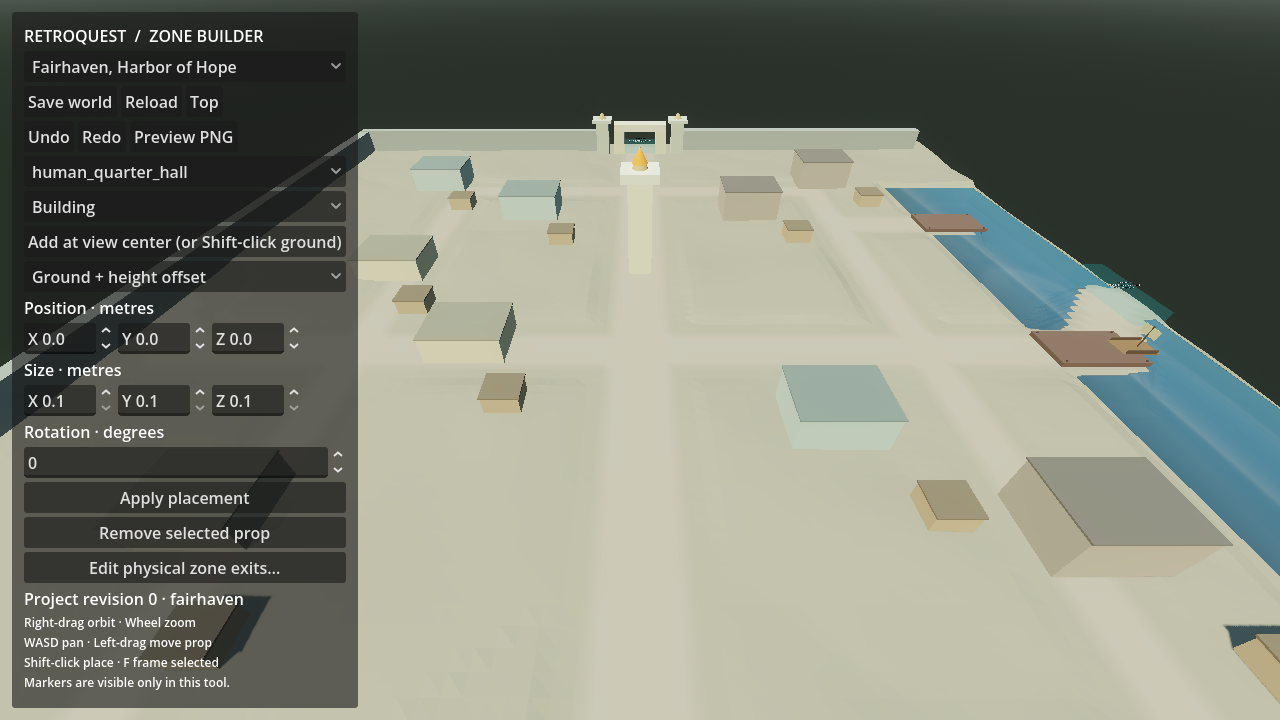 Fairhaven's early town layout, canal and building placements in the existing Godot Zone Builder