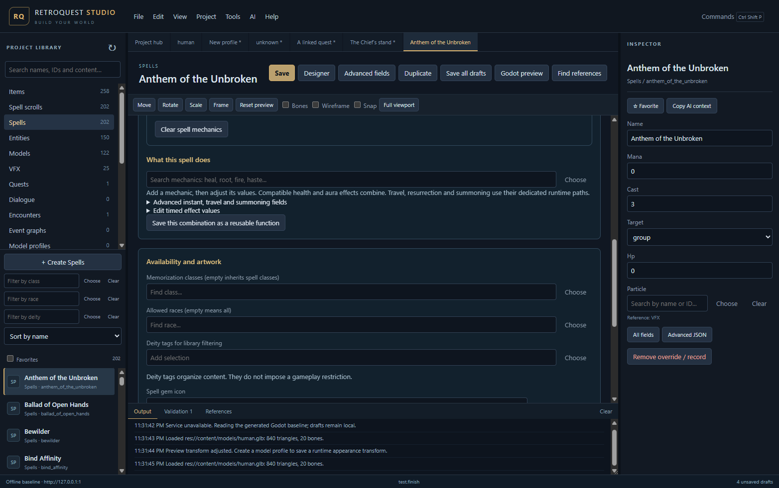RetroQuest Studio's spell designer showing mechanic selection, reusable combinations and class, race and deity filters