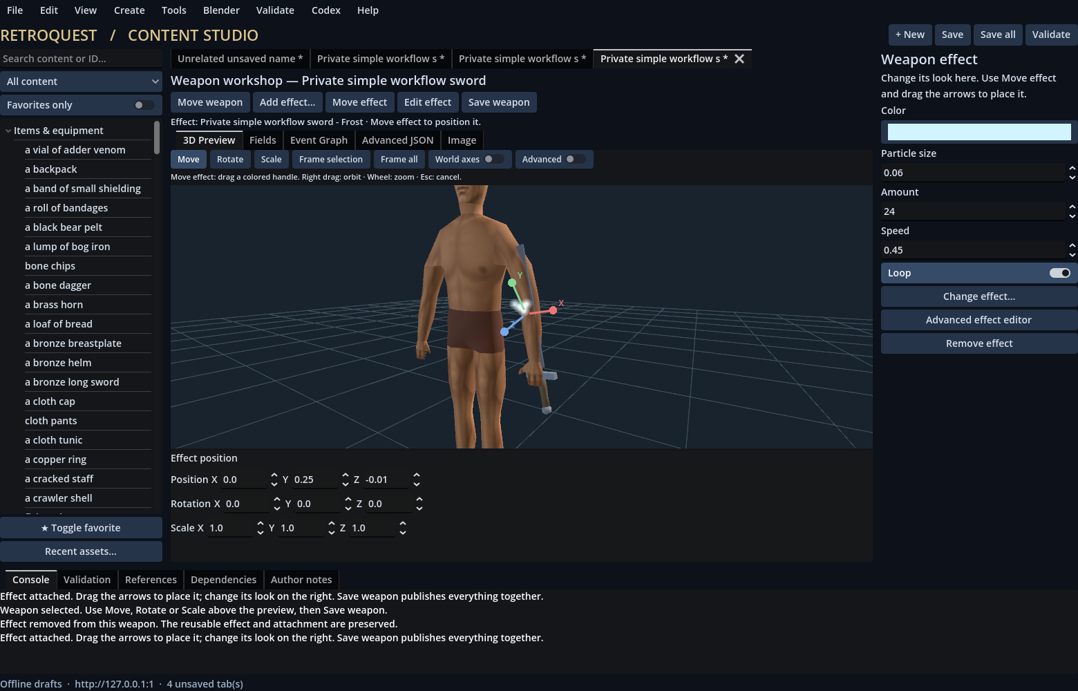 A test weapon with a frost effect, transform handles and effect controls in the Godot Content Studio