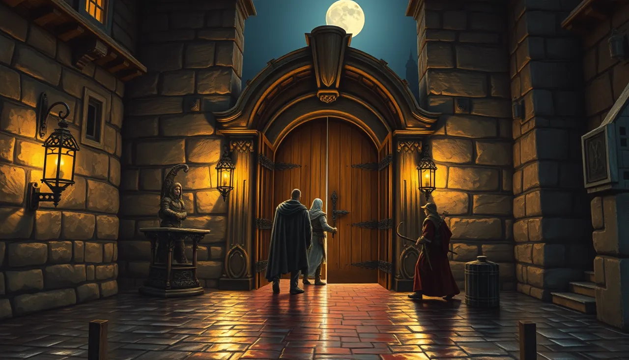 Three adventurers stepping through a great lantern-lit door under a full moon