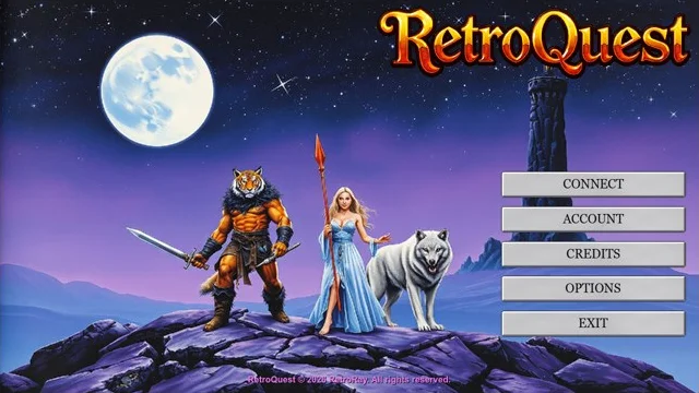 The RetroQuest main menu: a tiger warrior, an elf with a spear and a white wolf on a cliff under the moon, with Connect, Account, Credits, Options and Exit