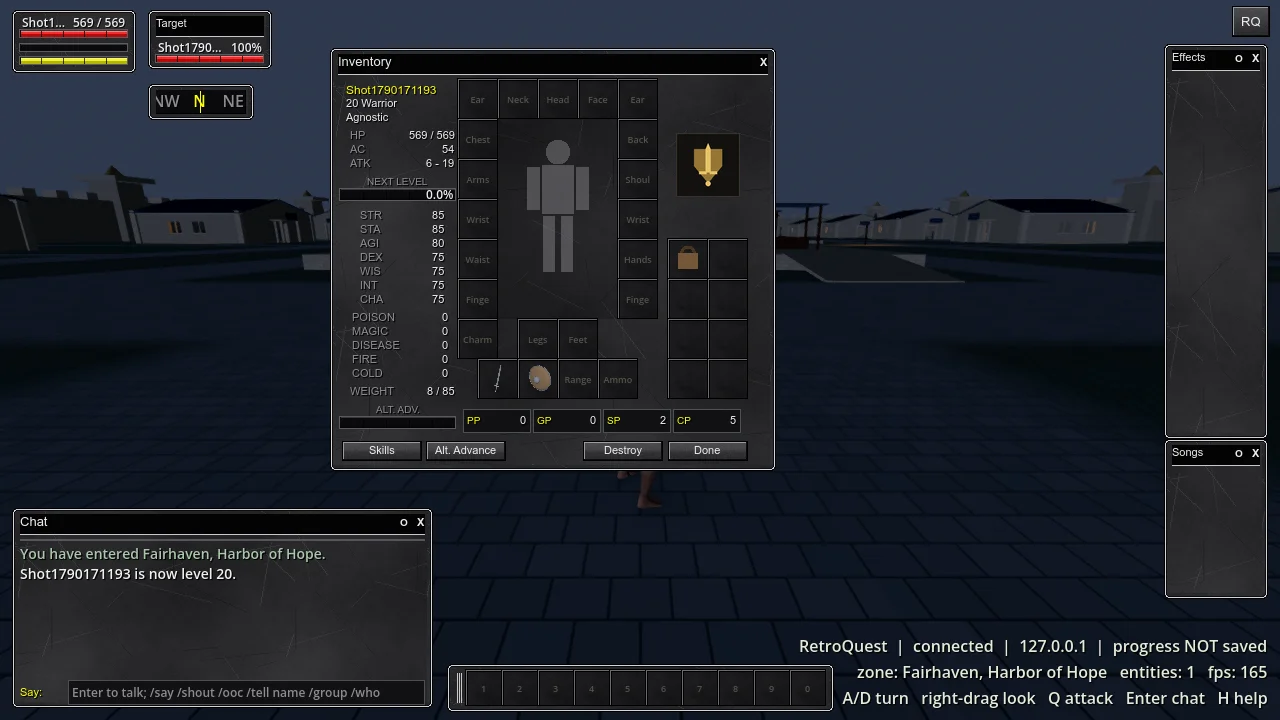 The classic inventory window in Fairhaven: stats down the left, the ring of equipment slots, bags and purses