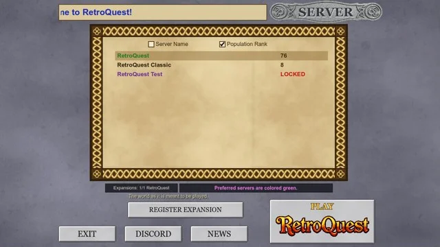 The server list with RetroQuest, RetroQuest Classic, and RetroQuest Test marked LOCKED