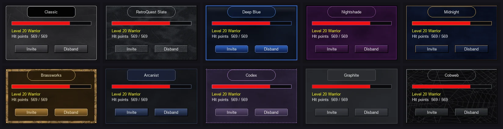 The same small window drawn in each of the ten interface skins