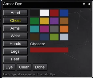 The Armor Dye window: a button for each piece of armour and a palette of sixteen colours