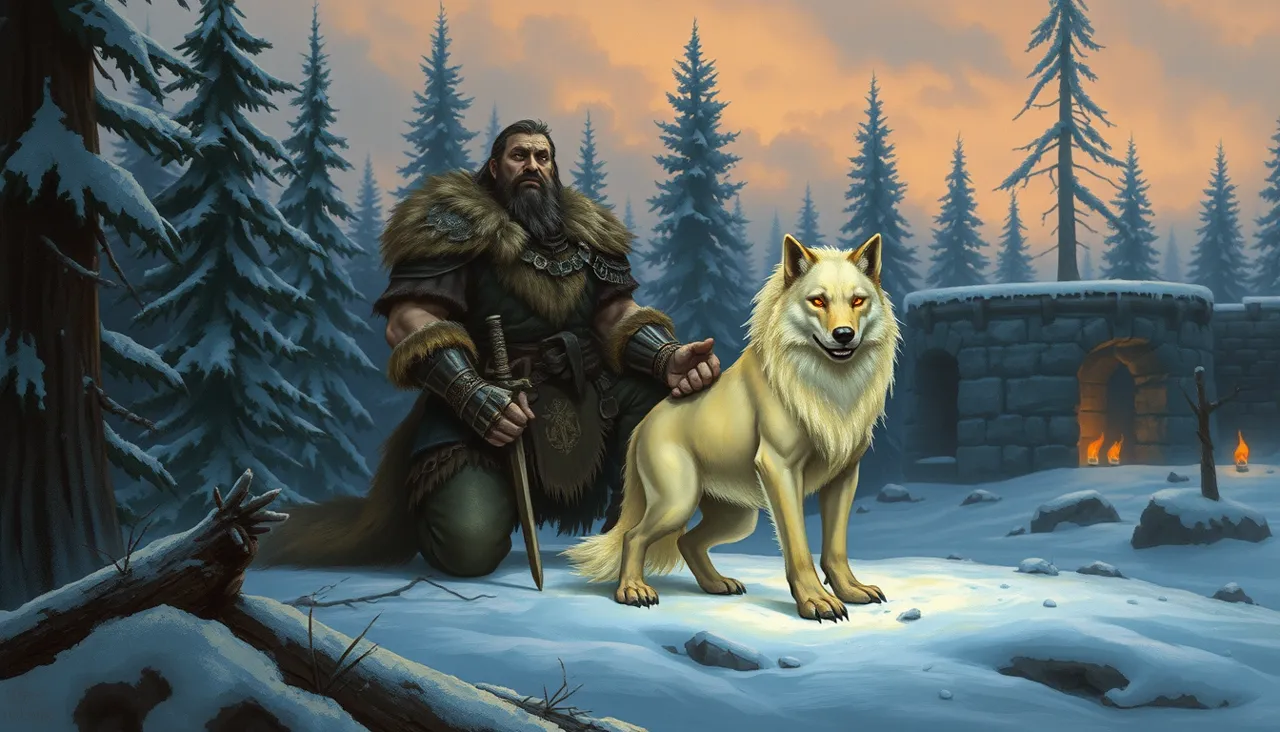 A barbarian beastlord kneeling in the snow beside a golden spirit wolf, stone ruins glowing behind them