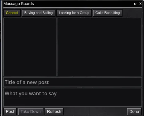 The Message Boards window with its four boards: General, Buying and Selling, Looking for a Group and Guild Recruiting