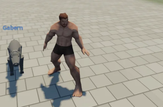 A barbarian beastlord in Fairhaven's square with Gabern, the wolf warder he has just called