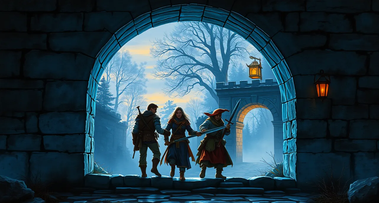 Three adventurers stepping through a stone archway lit blue, a misty forest and a lantern-lit city gate beyond