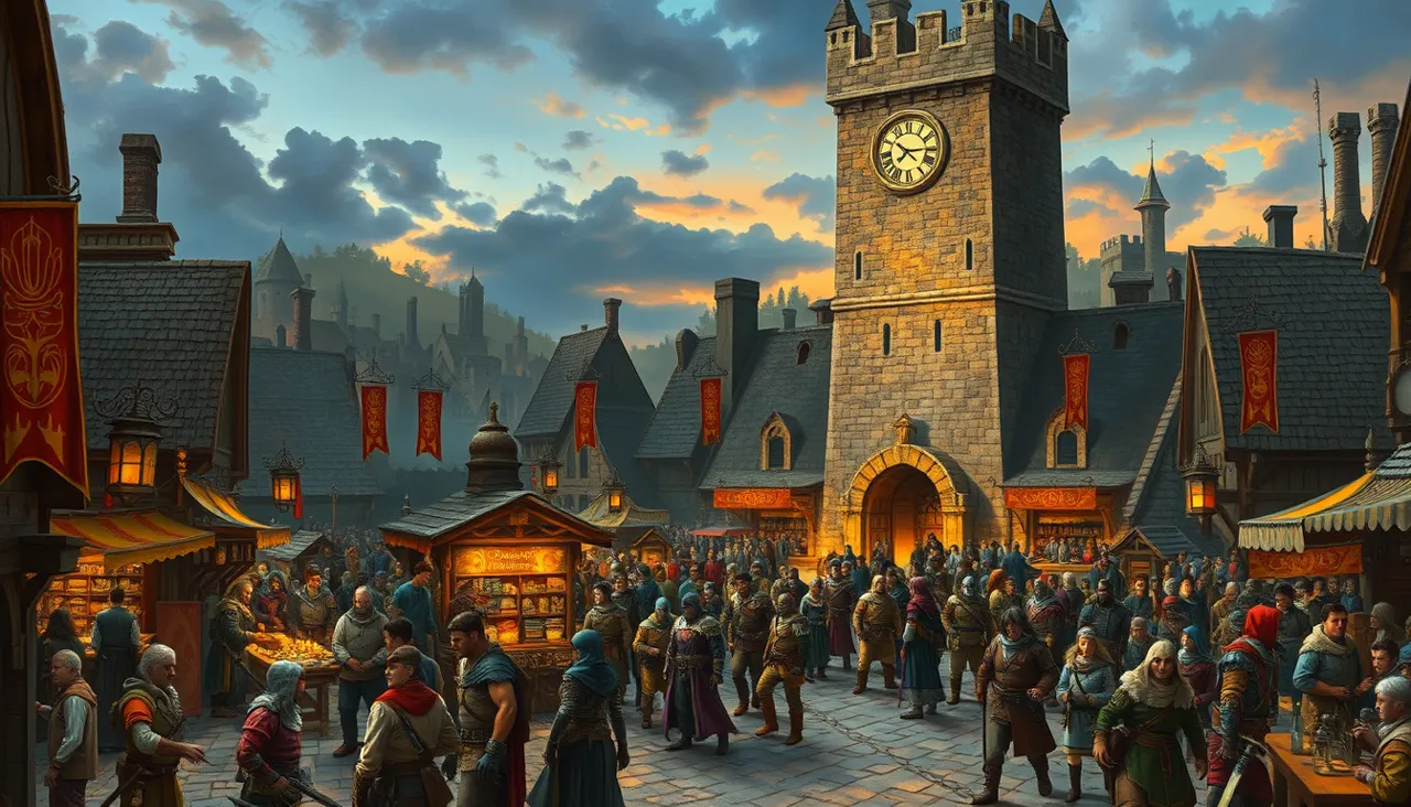 A crowded town square at dusk: adventurers, market stalls, red banners and a stone clock tower