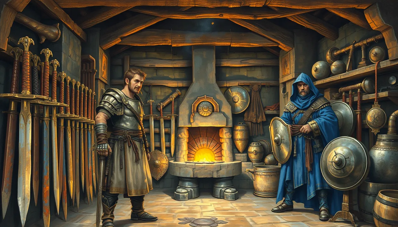 A warrior in banded mail and a mage in blue robes in an armourer's workshop, racks of rusty swords and shields by the forge