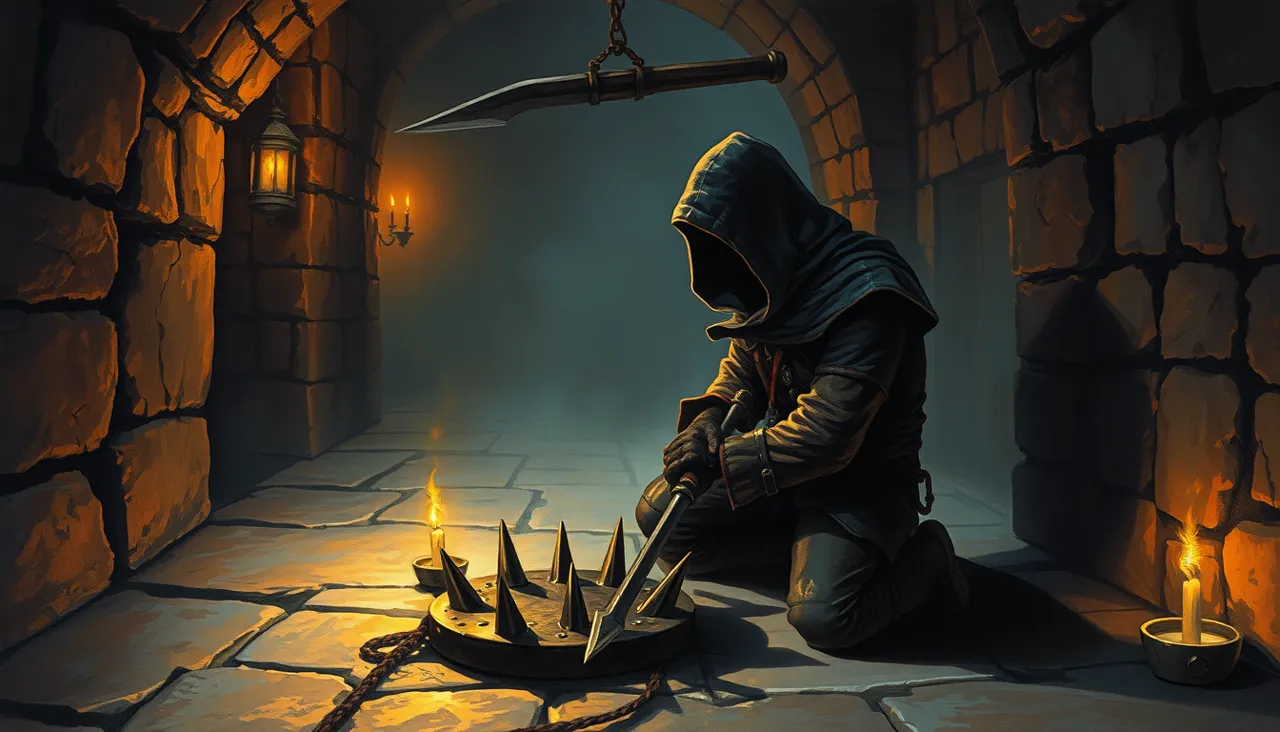 A hooded rogue kneeling to disarm a spiked trap in a candlelit dungeon corridor, a blade hanging overhead
