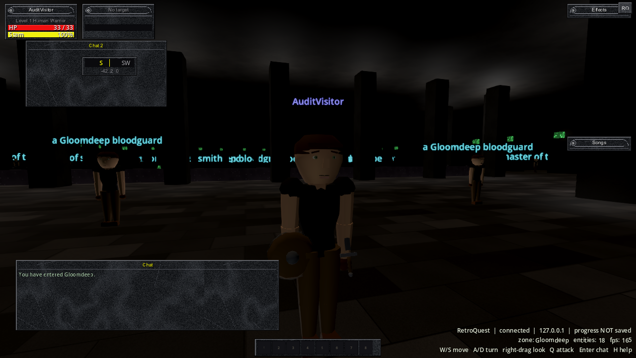 A warrior and guards inside the dark halls of Gloomdeep