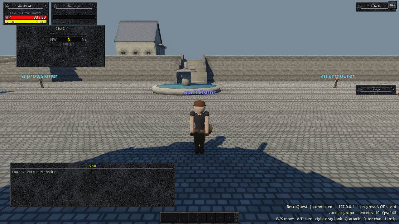 A warrior standing in Highspire's square in the development game client