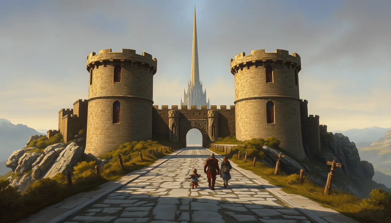 A paved road leading up to Highspire's twin-towered south gate, the Spire rising behind the walls