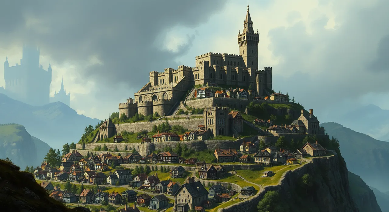 A city climbing a hillside in four terraces, from timber houses to a keep with a spire